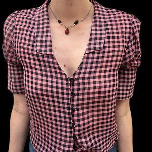 Nobody's Child Pink and Black checkerboard blouse